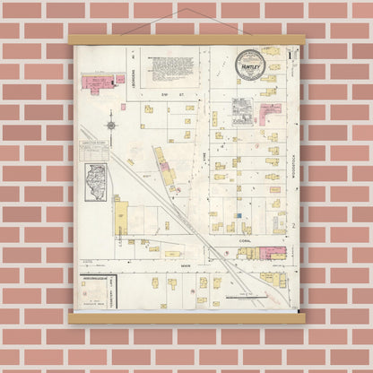 Old map wall art mockup — magnetic wood frame on brick wall — Sanborn Fire Insurance Map from Huntley, McHenry County, Illinois (1936), Sheet #0001