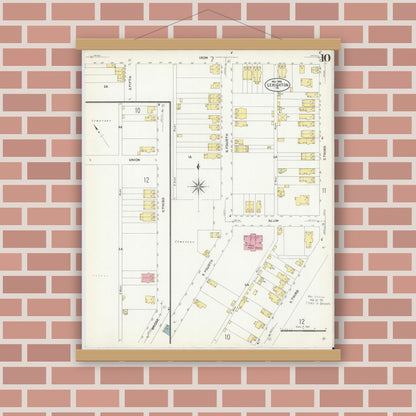 Old map wall art mockup — magnetic wood frame on brick wall — Sanborn Fire Insurance Map from Lehighton, Carbon County, Pennsylvania (1908), Sheet #0010
