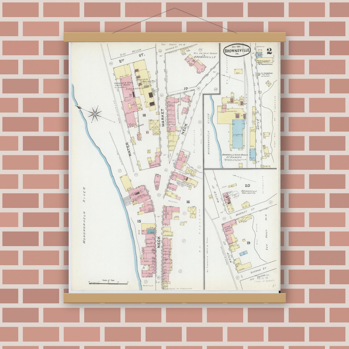 Old map wall art mockup — magnetic wood frame on brick wall — Sanborn Fire Insurance Map from Brownsville, Fayette County, Pennsylvania (1891), Sheet #0002