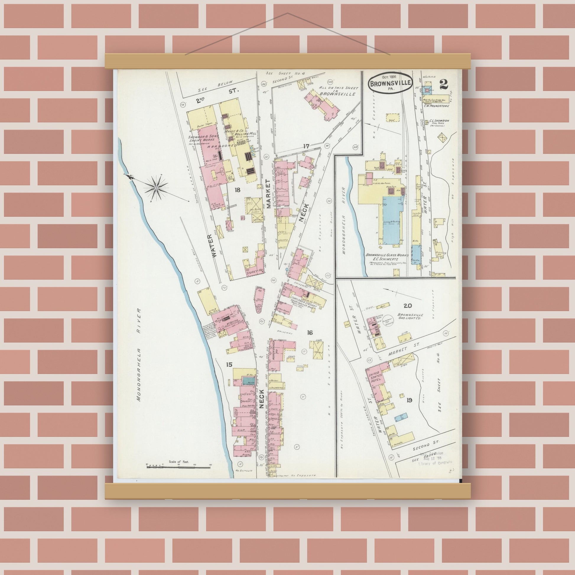 Old map wall art mockup — magnetic wood frame on brick wall — Sanborn Fire Insurance Map from Brownsville, Fayette County, Pennsylvania (1891), Sheet #0002