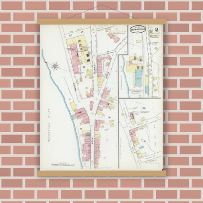Old map wall art mockup — magnetic wood frame on brick wall — Sanborn Fire Insurance Map from Brownsville, Fayette County, Pennsylvania (1891), Sheet #0002
