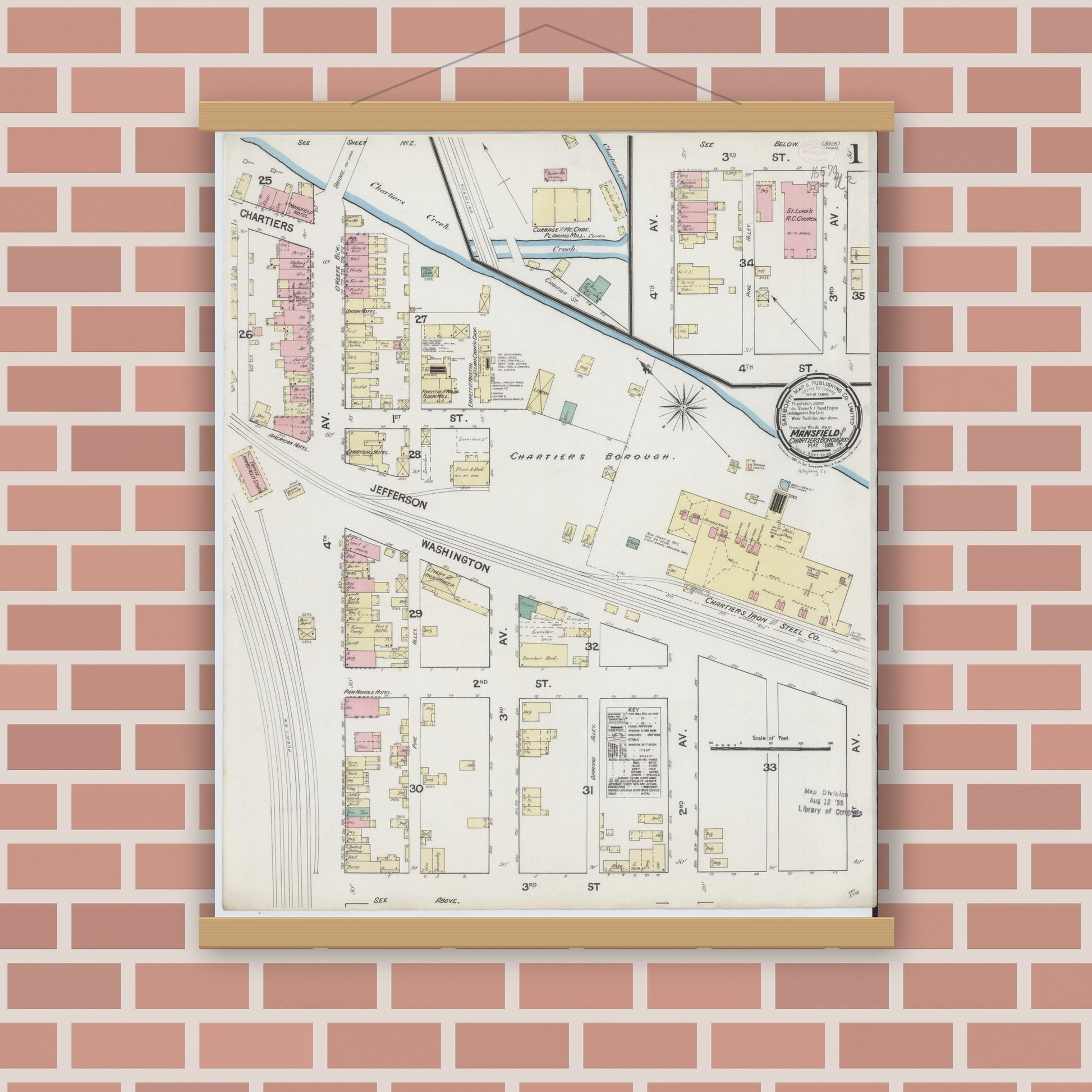 Old map wall art mockup — magnetic wood frame on brick wall — Sanborn Fire Insurance Map from Mansfield Borough, Allegheny County, Pennsylvania (1889), Sheet #0001