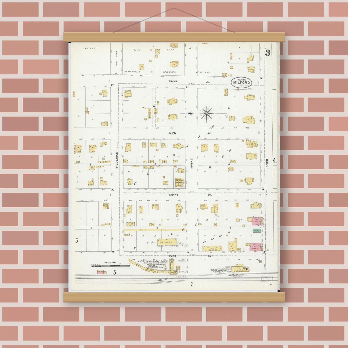 Old map wall art mockup — magnetic wood frame on brick wall — Sanborn Fire Insurance Map from Milford, Iroquois County, Illinois (1906), Sheet #0003