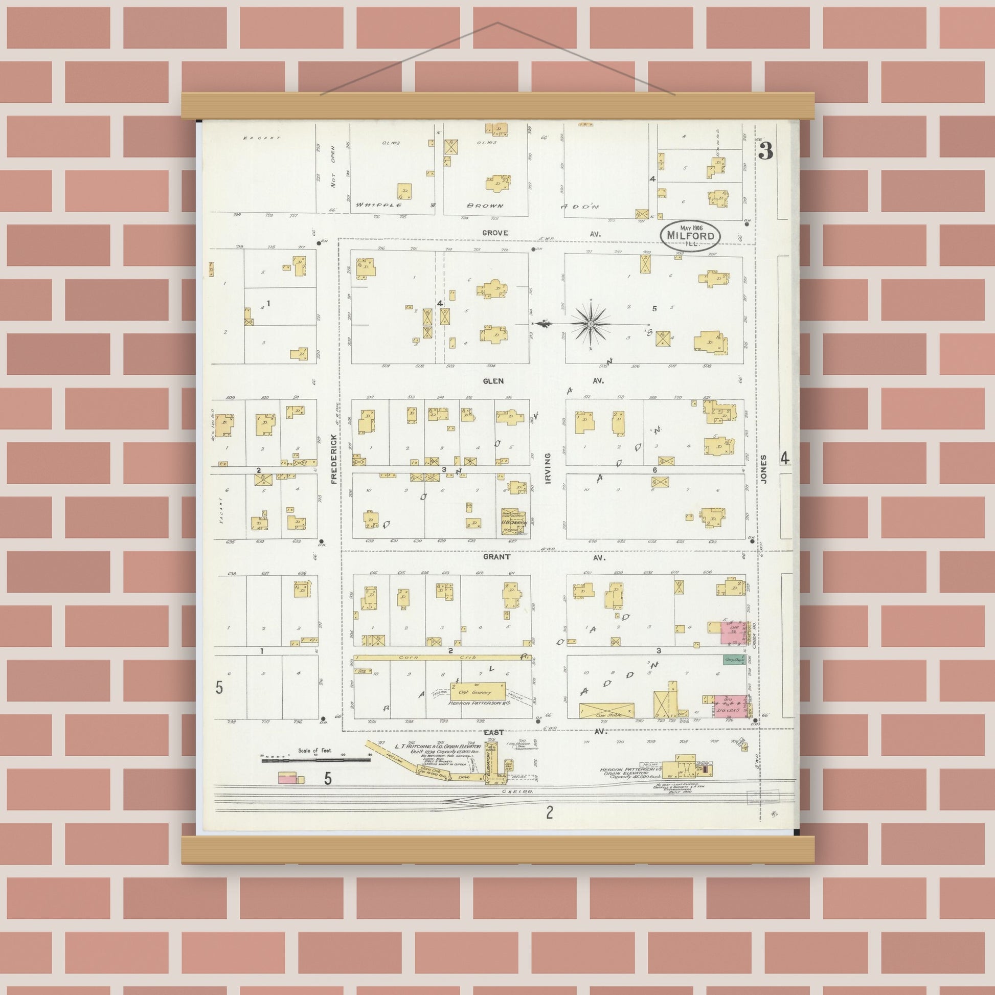 Old map wall art mockup — magnetic wood frame on brick wall — Sanborn Fire Insurance Map from Milford, Iroquois County, Illinois (1906), Sheet #0003