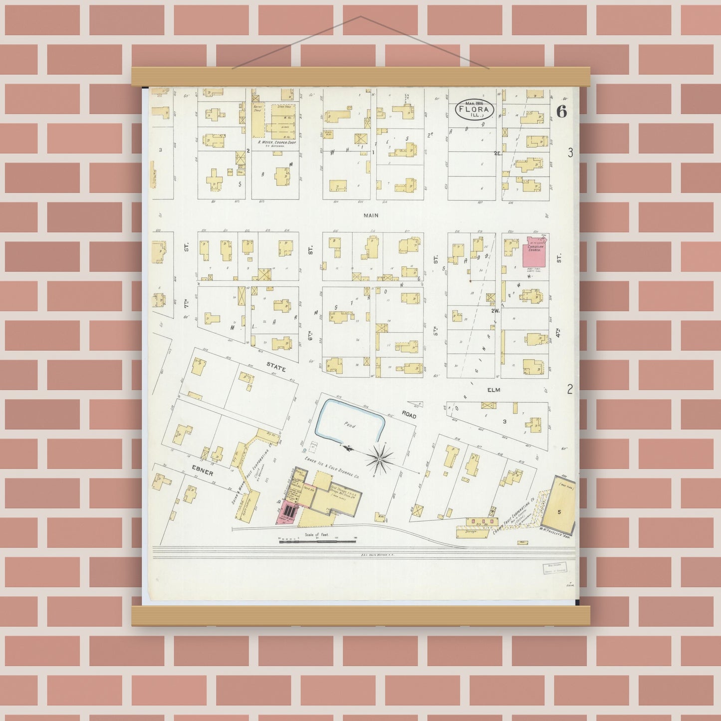 Old map wall art mockup — magnetic wood frame on brick wall — Sanborn Fire Insurance Map from Flora, Clay County, Illinois (1906), Sheet #0006