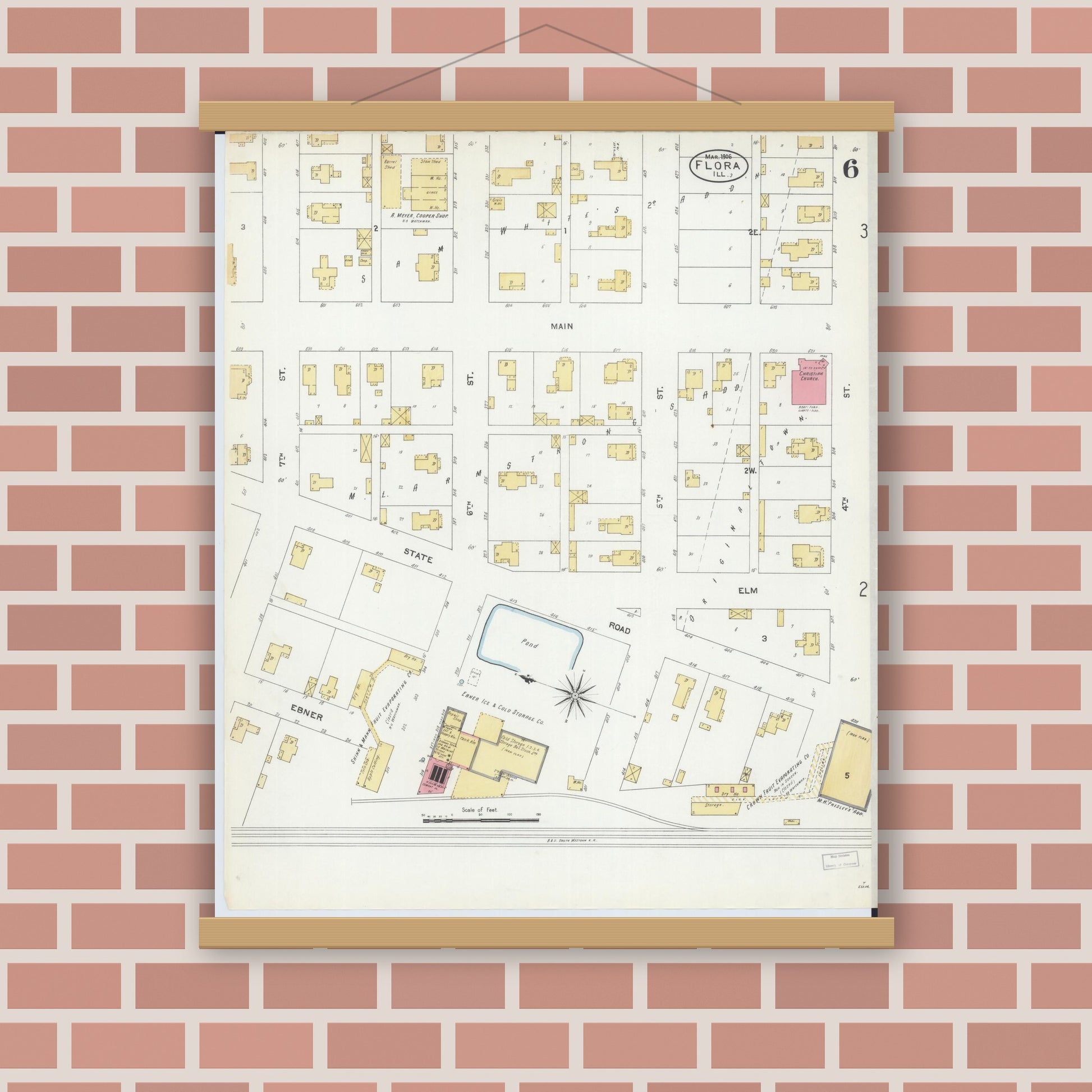 Old map wall art mockup — magnetic wood frame on brick wall — Sanborn Fire Insurance Map from Flora, Clay County, Illinois (1906), Sheet #0006