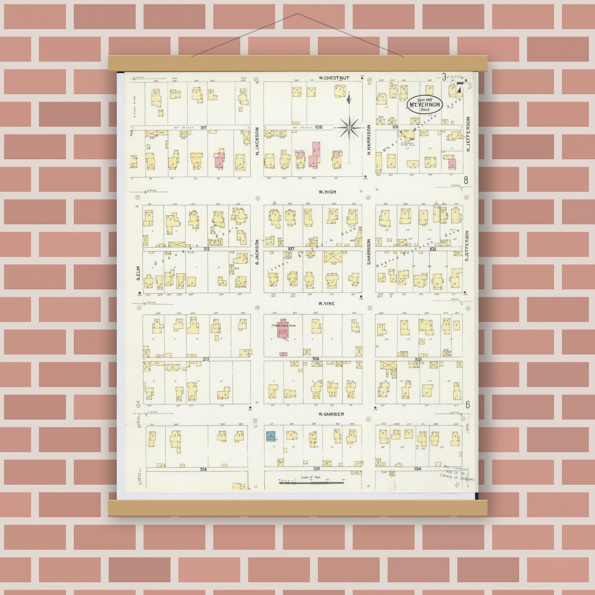 Old map wall art mockup — magnetic wood frame on brick wall — Sanborn Fire Insurance Map from Mount Vernon, Knox County, Ohio (1907), Sheet #0007