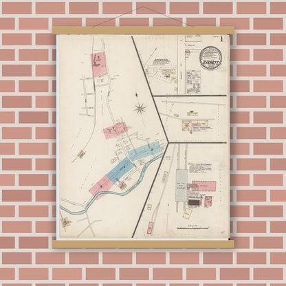 Old map wall art mockup — magnetic wood frame on brick wall — Sanborn Fire Insurance Map from Everett, Bedford County, Pennsylvania (1885) - Complete Map Set
