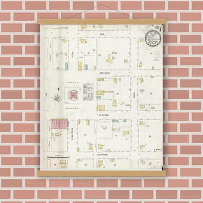 Old map wall art mockup — magnetic wood frame on brick wall — Sanborn Fire Insurance Map from Gilmer, Upshur County, Texas (1896), Sheet #0001