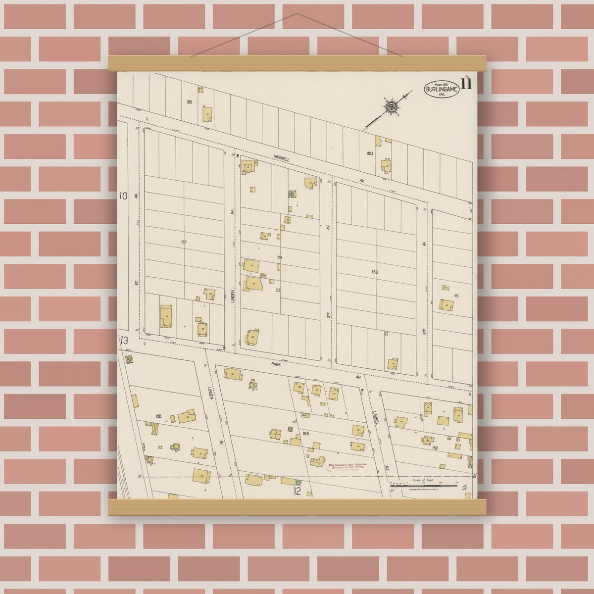 Old map wall art mockup — magnetic wood frame on brick wall — Sanborn Fire Insurance Map from Burlingame, San Mateo County, California (1921), Sheet #0011
