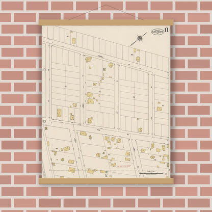 Old map wall art mockup — magnetic wood frame on brick wall — Sanborn Fire Insurance Map from Burlingame, San Mateo County, California (1921), Sheet #0011
