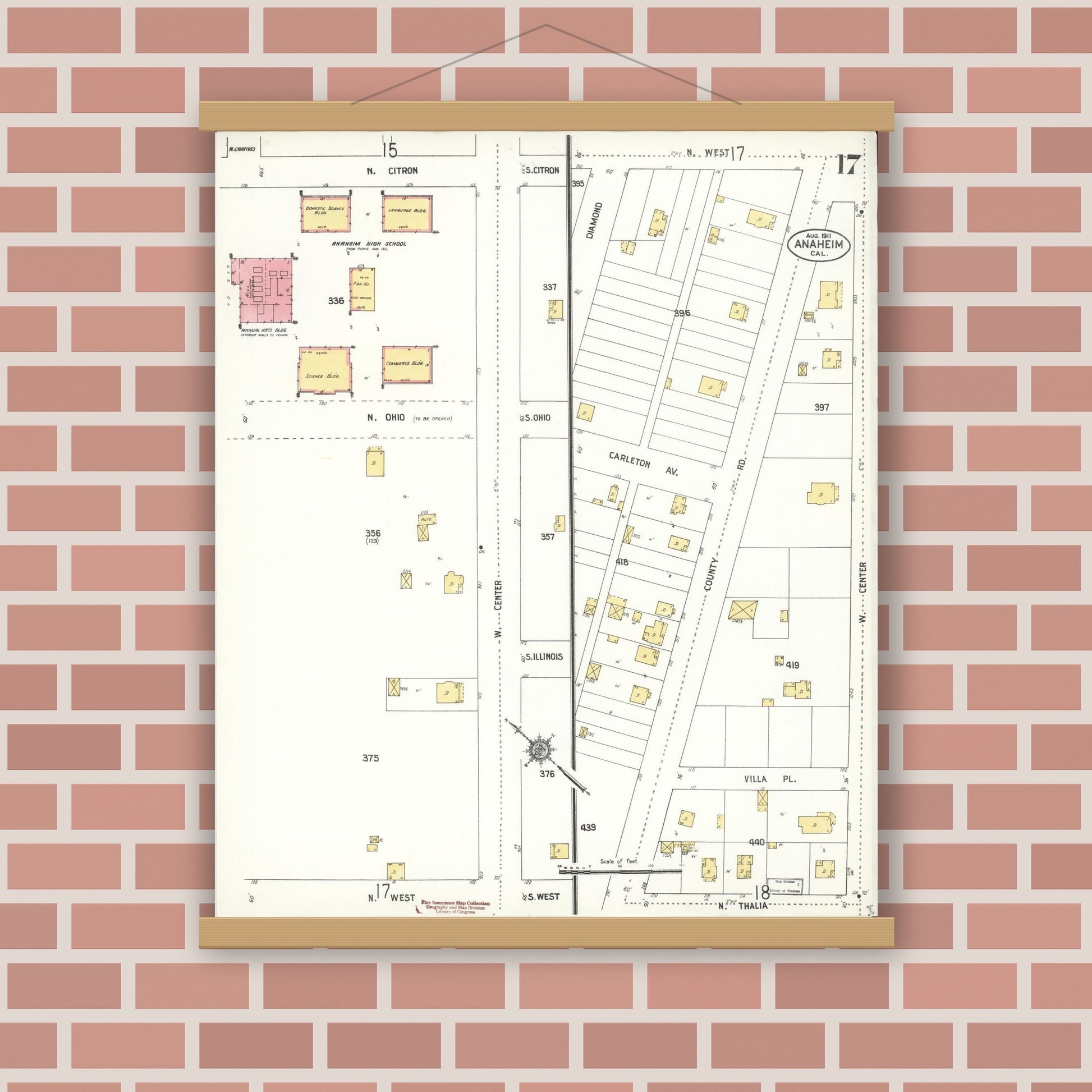 Old map wall art mockup — magnetic wood frame on brick wall — Sanborn Fire Insurance Map from Anaheim, Orange County, California (1911), Sheet #0017