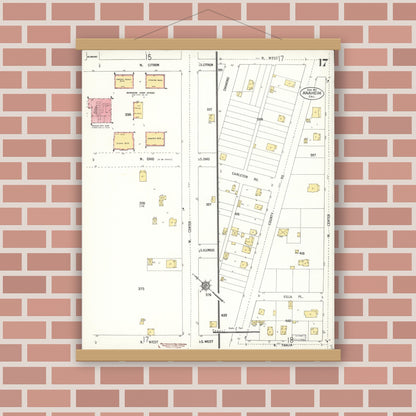 Old map wall art mockup — magnetic wood frame on brick wall — Sanborn Fire Insurance Map from Anaheim, Orange County, California (1911), Sheet #0017