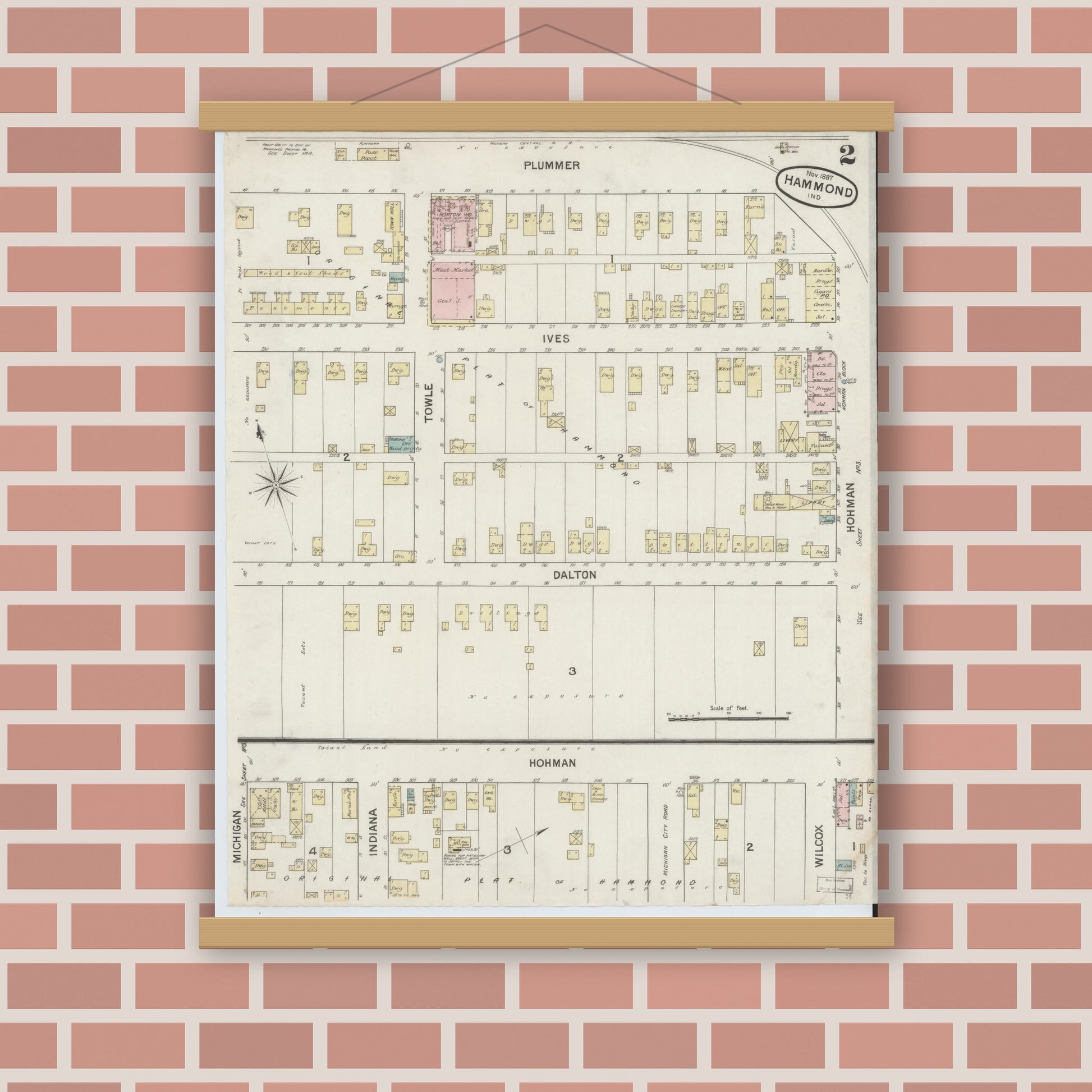 Old map wall art mockup — magnetic wood frame on brick wall — Sanborn Fire Insurance Map from Hammond, Lake County, Indiana (1887), Sheet #0002