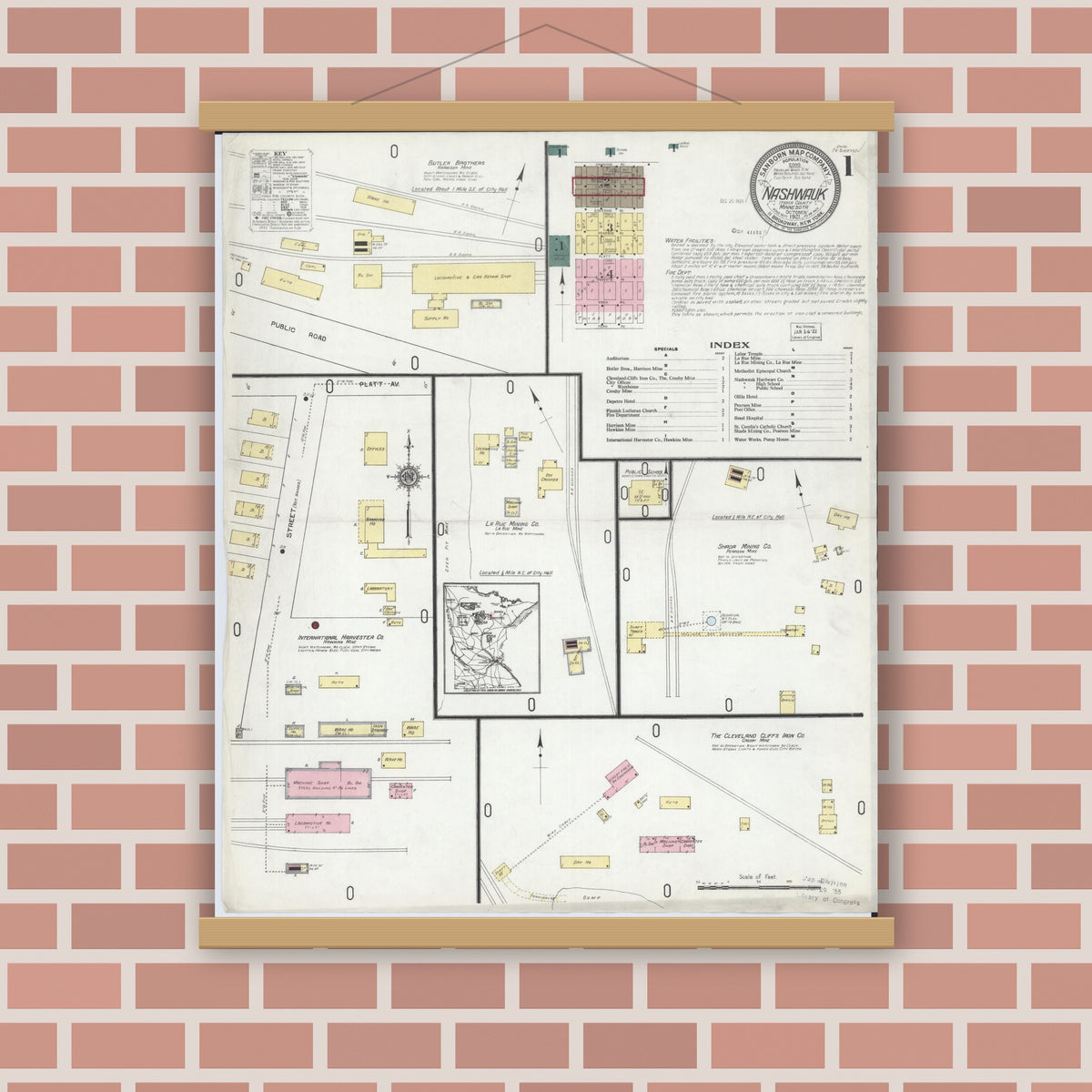 Old map wall art mockup — magnetic wood frame on brick wall — Sanborn Fire Insurance Map from Nashwauk, Itasca County, Minnesota (1921) - Complete Map Set