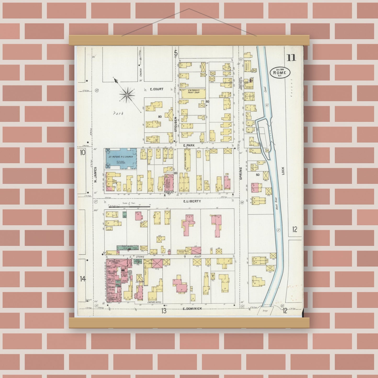 Old map wall art mockup — magnetic wood frame on brick wall — Sanborn Fire Insurance Map from Rome, Oneida County, New York (1899), Sheet #0011