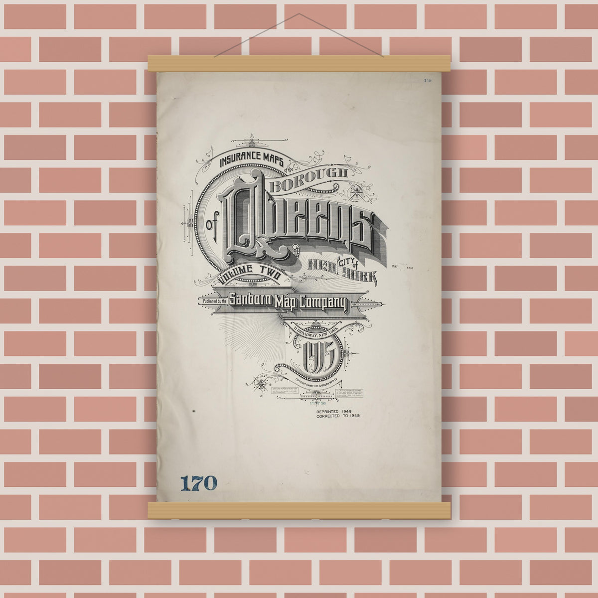 Old map wall art mockup — magnetic wood frame on brick wall — Sanborn Fire Insurance Map from Queens, Queens County, New York (1948), Sheet #0001