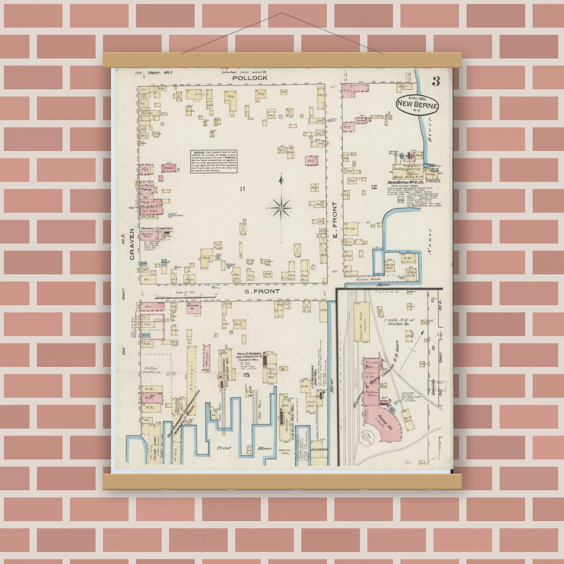 Old map wall art mockup — magnetic wood frame on brick wall — Sanborn Fire Insurance Map from New Bern, Craven County, North Carolina (1885), Sheet #0003