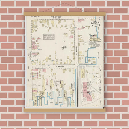 Old map wall art mockup — magnetic wood frame on brick wall — Sanborn Fire Insurance Map from New Bern, Craven County, North Carolina (1885), Sheet #0003