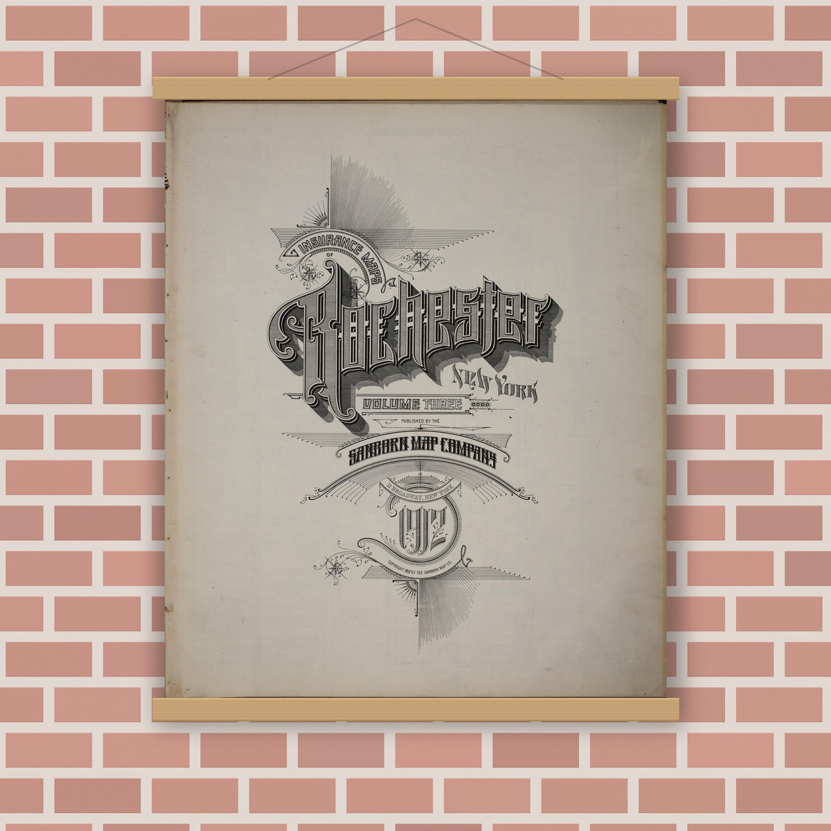 Old map wall art mockup — magnetic wood frame on brick wall — Sanborn Fire Insurance Map from Rochester, Monroe County, New York (1912), Sheet #0001