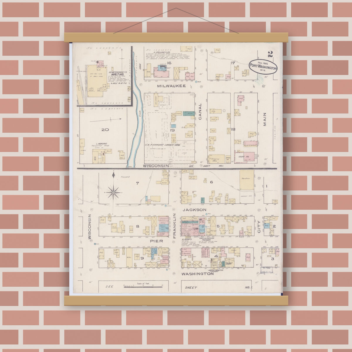 Old map wall art mockup — magnetic wood frame on brick wall — Sanborn Fire Insurance Map from Port Washington, Ozaukee County, Wisconsin (1885), Sheet #0002
