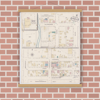 Old map wall art mockup — magnetic wood frame on brick wall — Sanborn Fire Insurance Map from Port Washington, Ozaukee County, Wisconsin (1885), Sheet #0002