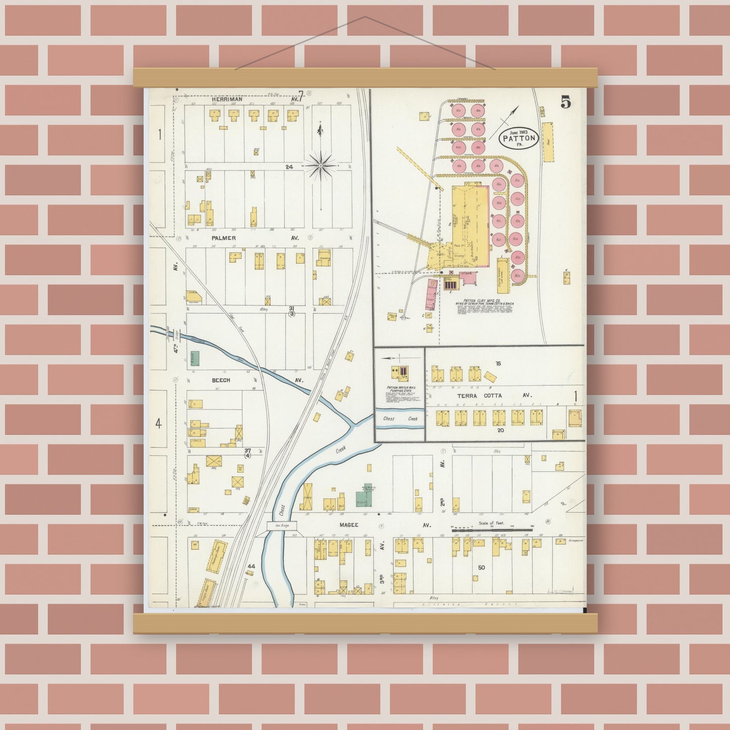 Old map wall art mockup — magnetic wood frame on brick wall — Sanborn Fire Insurance Map from Patton, Cambria County, Pennsylvania (1903), Sheet #0005