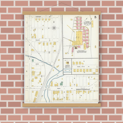 Old map wall art mockup — magnetic wood frame on brick wall — Sanborn Fire Insurance Map from Patton, Cambria County, Pennsylvania (1903), Sheet #0005