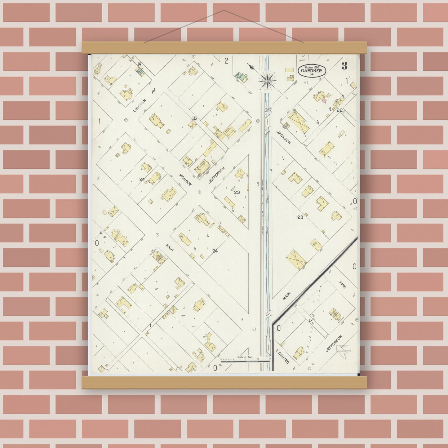 Old map wall art mockup — magnetic wood frame on brick wall — Sanborn Fire Insurance Map from Gardner, Grundy County, Illinois (1898), Sheet #0003