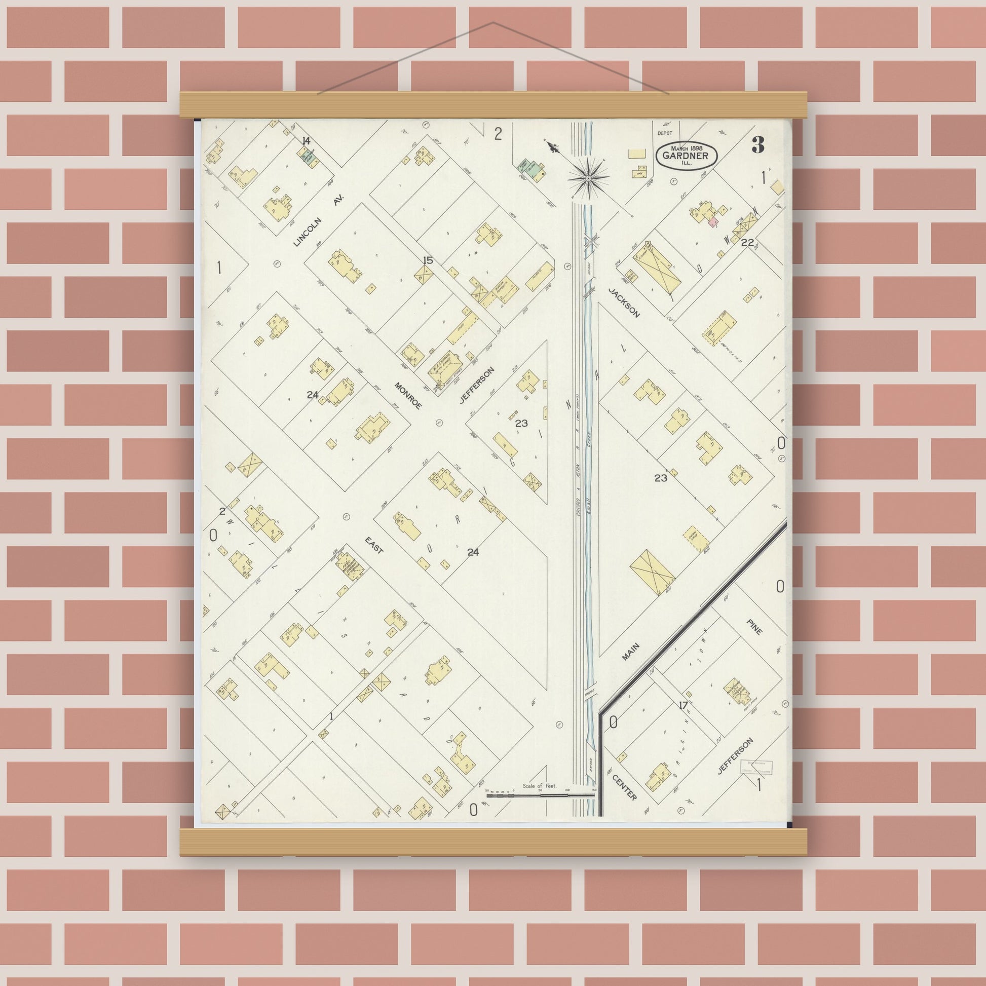 Old map wall art mockup — magnetic wood frame on brick wall — Sanborn Fire Insurance Map from Gardner, Grundy County, Illinois (1898), Sheet #0003