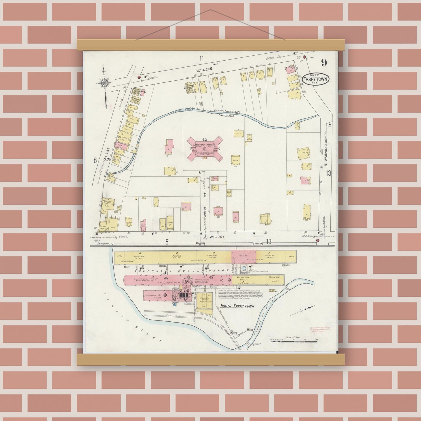 Old map wall art mockup — magnetic wood frame on brick wall — Sanborn Fire Insurance Map from Tarrytown, Westchester County, New York (1915), Sheet #0009