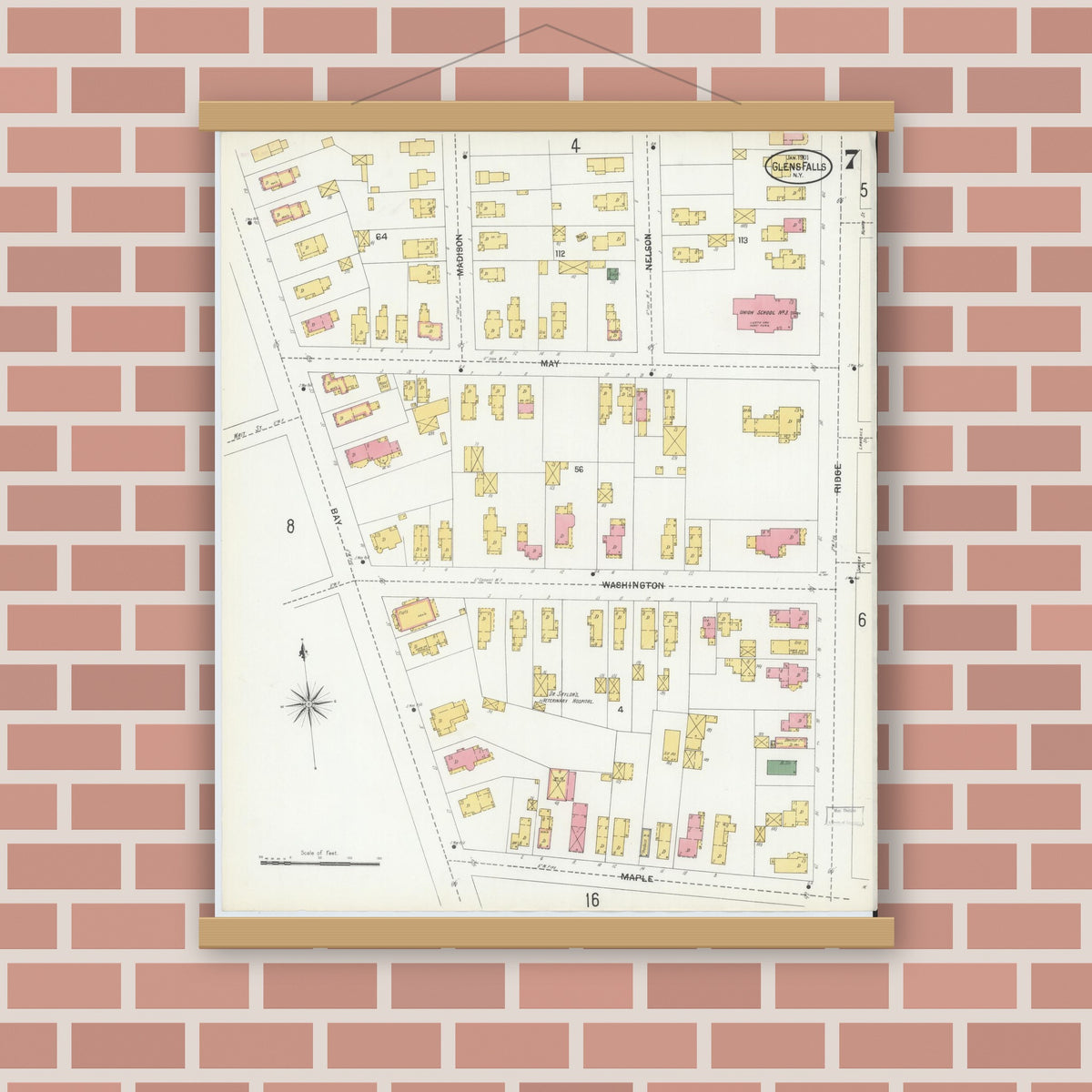 Old map wall art mockup — magnetic wood frame on brick wall — Sanborn Fire Insurance Map from Glens Falls, Warren County, New York (1901), Sheet #0007