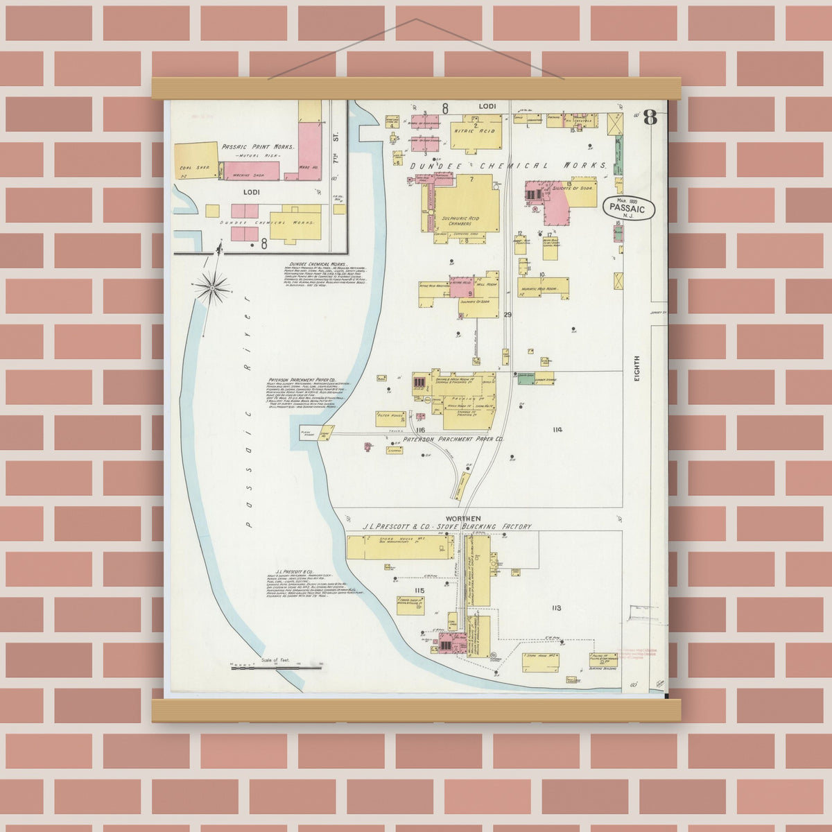 Old map wall art mockup — magnetic wood frame on brick wall — Sanborn Fire Insurance Map from Passaic, Passaic County, New Jersey (1899), Sheet #0008