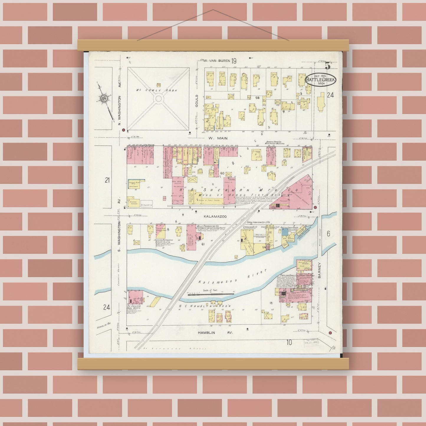 Old map wall art mockup — magnetic wood frame on brick wall — Sanborn Fire Insurance Map from Battle Creek, Calhoun County, Michigan (1913), Sheet #0005