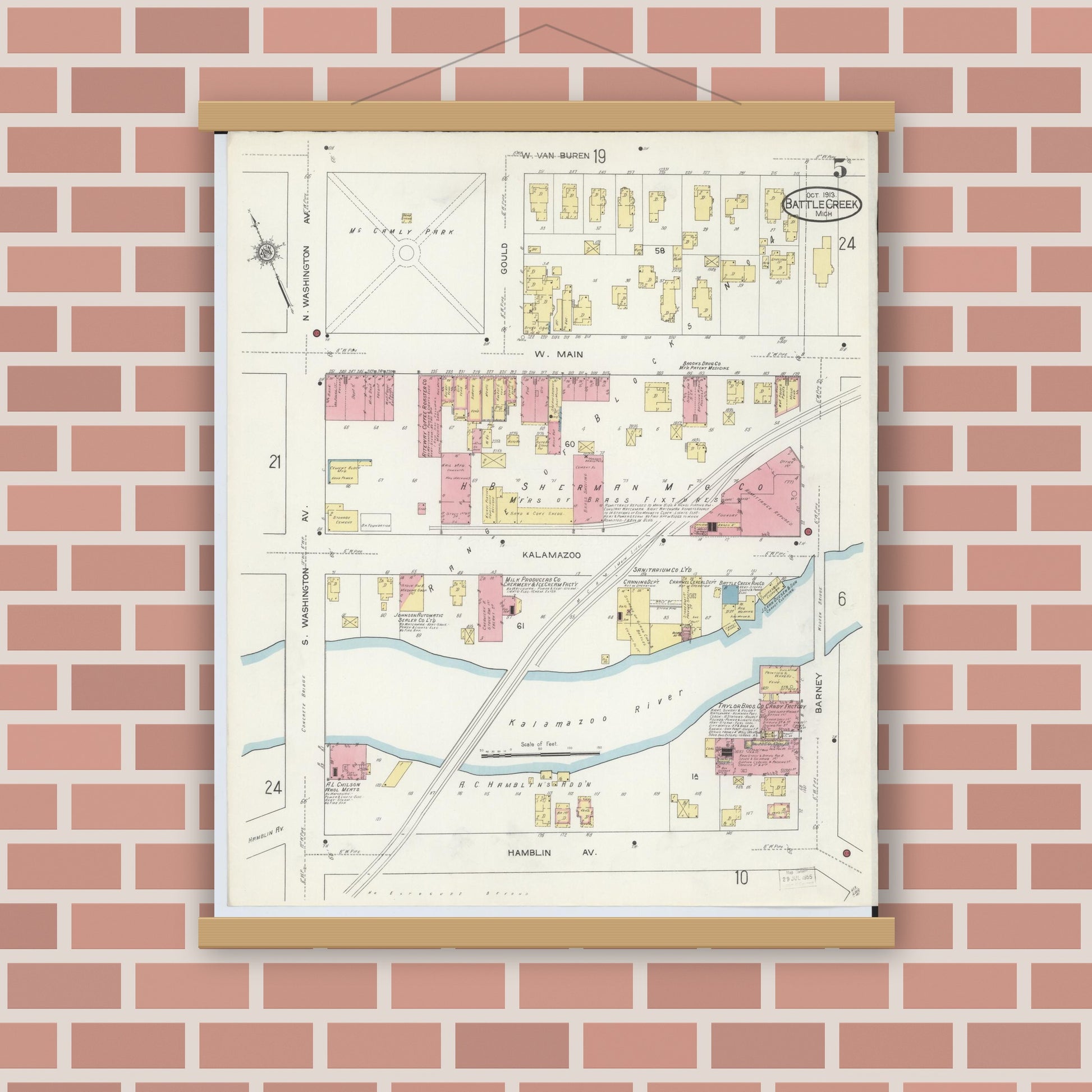 Old map wall art mockup — magnetic wood frame on brick wall — Sanborn Fire Insurance Map from Battle Creek, Calhoun County, Michigan (1913), Sheet #0005