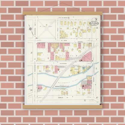 Old map wall art mockup — magnetic wood frame on brick wall — Sanborn Fire Insurance Map from Battle Creek, Calhoun County, Michigan (1913), Sheet #0005
