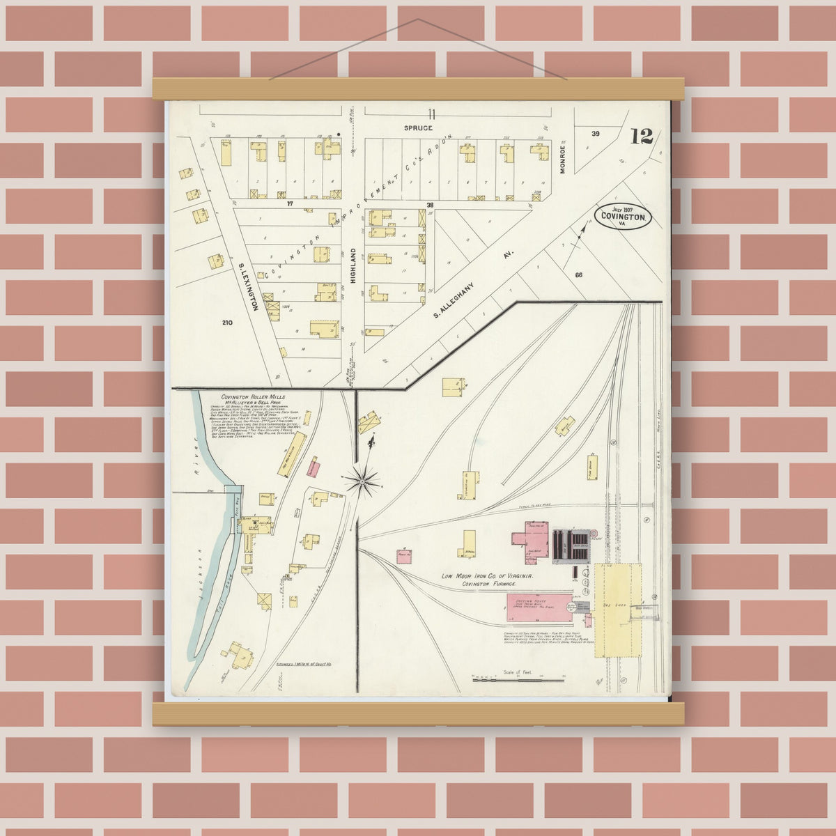 Old map wall art mockup — magnetic wood frame on brick wall — Sanborn Fire Insurance Map from Covington, Independent Cities, Virginia (1907), Sheet #0012
