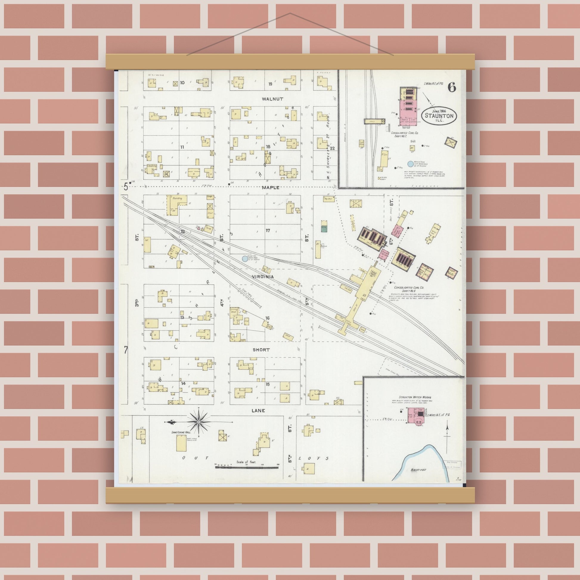 Old map wall art mockup — magnetic wood frame on brick wall — Sanborn Fire Insurance Map from Staunton, Macoupin County, Illinois (1906), Sheet #0006