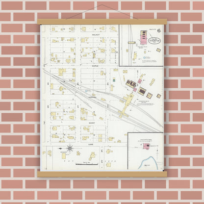 Old map wall art mockup — magnetic wood frame on brick wall — Sanborn Fire Insurance Map from Staunton, Macoupin County, Illinois (1906), Sheet #0006