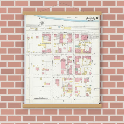 Old map wall art mockup — magnetic wood frame on brick wall — Sanborn Fire Insurance Map from Washington, Franklin County, Missouri (1898), Sheet #0003