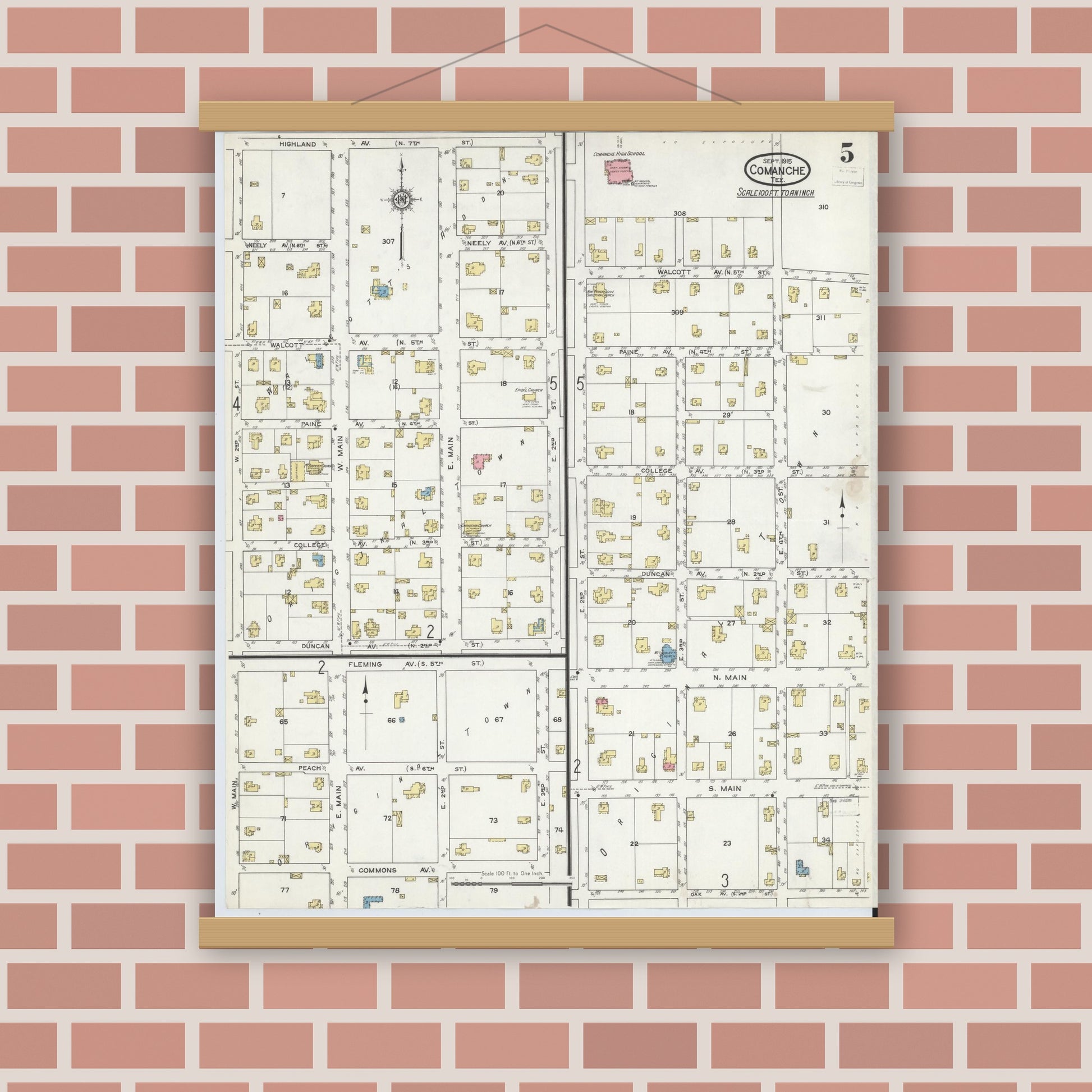Old map wall art mockup — magnetic wood frame on brick wall — Sanborn Fire Insurance Map from Comanche, Comanche County, Texas (1915), Sheet #0005
