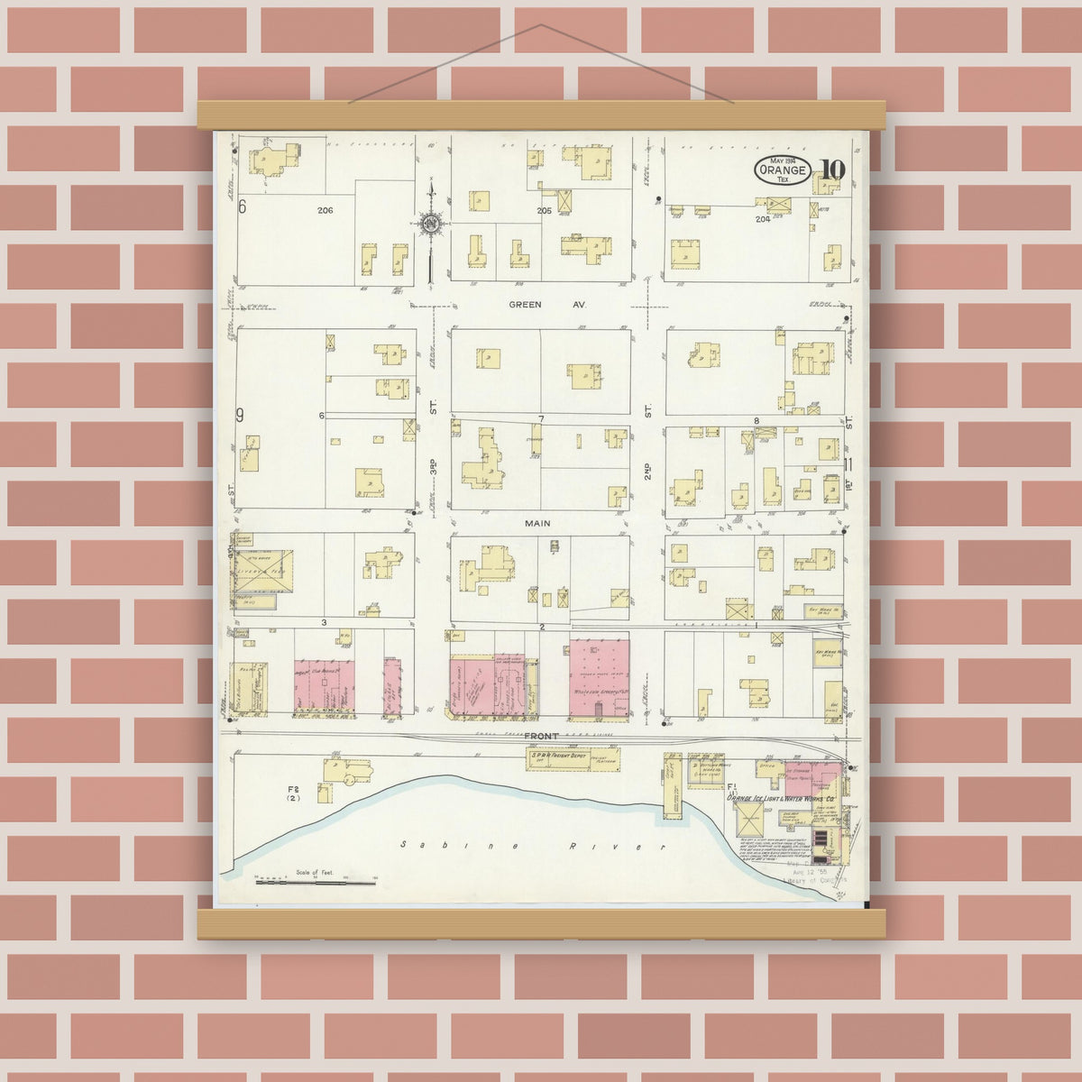Old map wall art mockup — magnetic wood frame on brick wall — Sanborn Fire Insurance Map from Orange, Orange County, Texas (1914), Sheet #0010