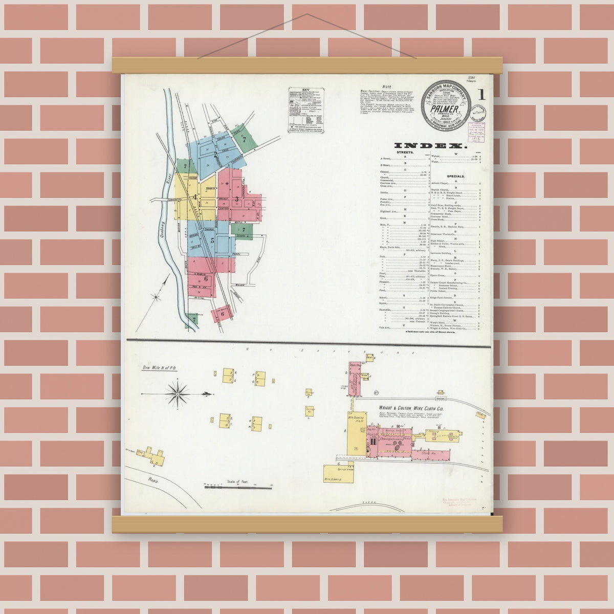 Old map wall art mockup — magnetic wood frame on brick wall — Sanborn Fire Insurance Map from Palmer, Hampden County, Massachusetts (1902) - Complete Map Set