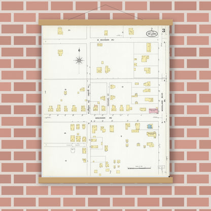 Old map wall art mockup — magnetic wood frame on brick wall — Sanborn Fire Insurance Map from De Land, Volusia County, Florida (1909), Sheet #0003