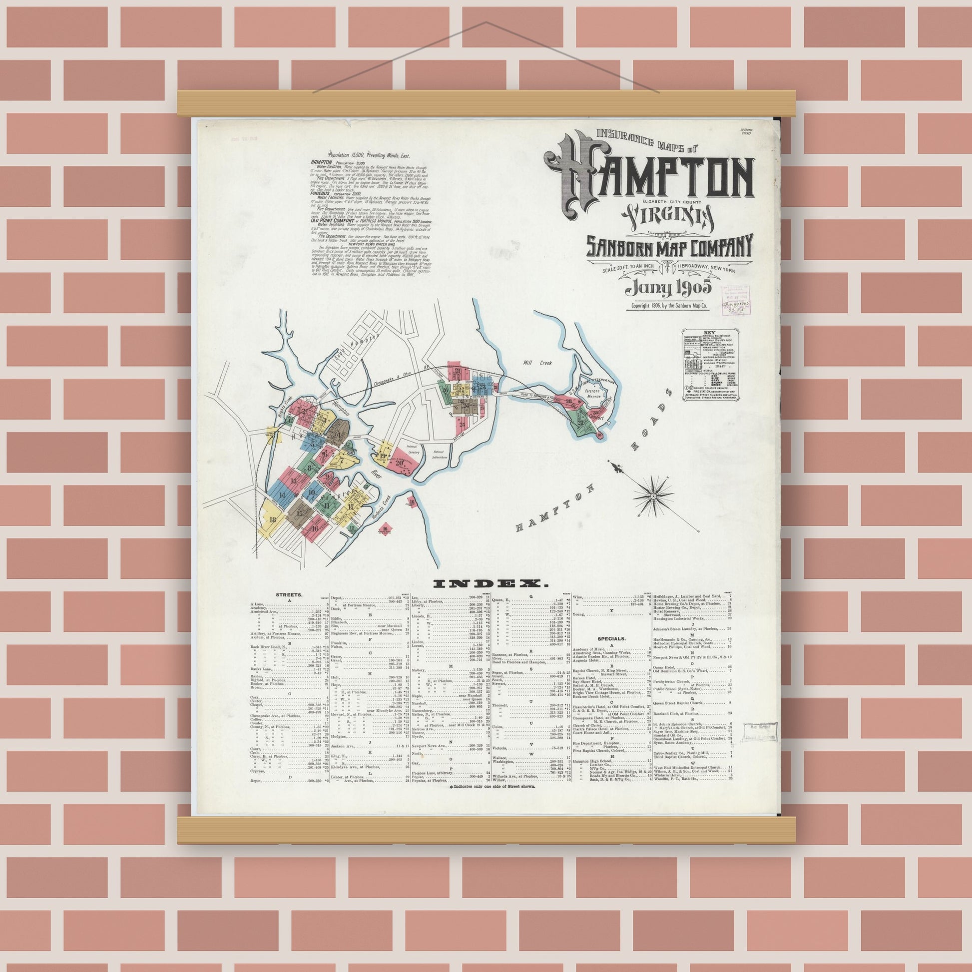 Old map wall art mockup — magnetic wood frame on brick wall — Sanborn Fire Insurance Map from Hampton, Independent Cities, Virginia (1905) - Complete Map Set