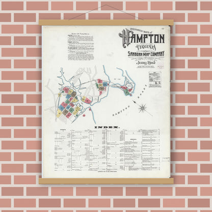 Old map wall art mockup — magnetic wood frame on brick wall — Sanborn Fire Insurance Map from Hampton, Independent Cities, Virginia (1905) - Complete Map Set