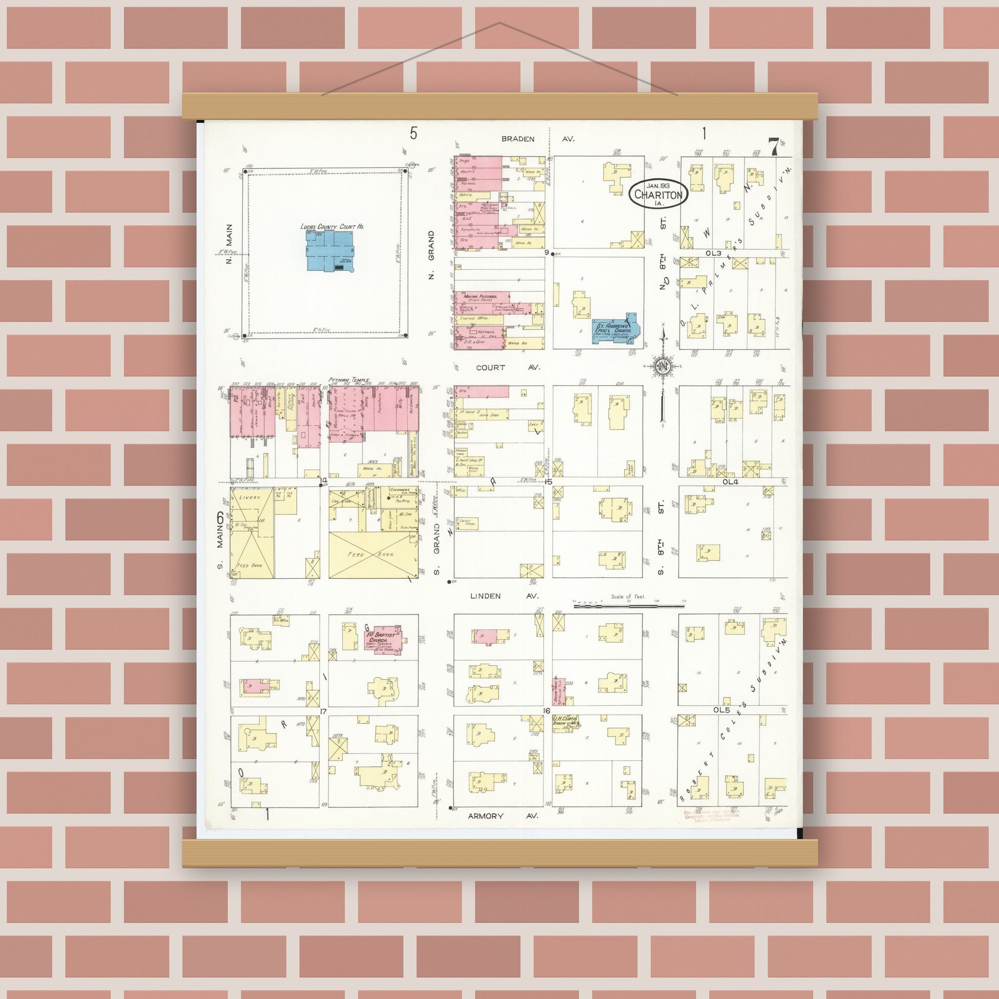 Old map wall art mockup — magnetic wood frame on brick wall — Sanborn Fire Insurance Map from Chariton, Lucas County, Iowa (1913), Sheet #0007