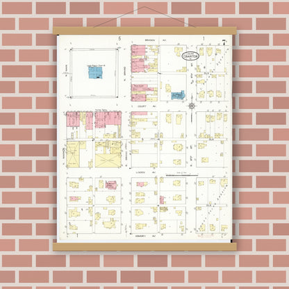 Old map wall art mockup — magnetic wood frame on brick wall — Sanborn Fire Insurance Map from Chariton, Lucas County, Iowa (1913), Sheet #0007