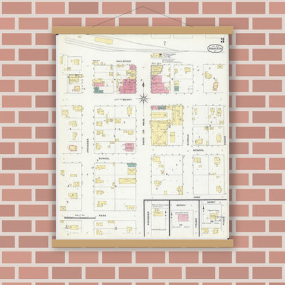 Old map wall art mockup — magnetic wood frame on brick wall — Sanborn Fire Insurance Map from Hamilton, Caldwell County, Missouri (1909), Sheet #0003