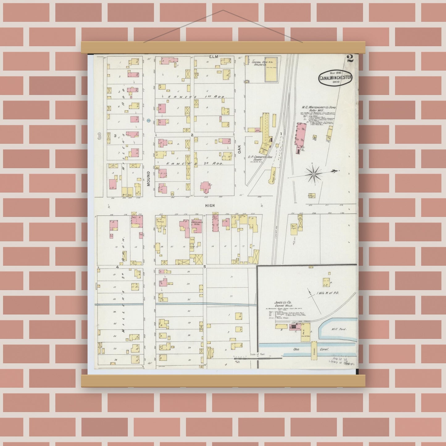 Old map wall art mockup — magnetic wood frame on brick wall — Sanborn Fire Insurance Map from Canal Winchester, Franklin County, Ohio (1895), Sheet #0002